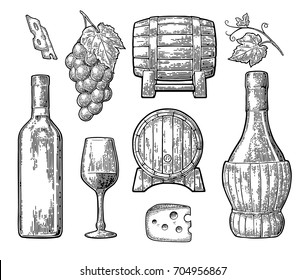 Wine set. Bottle, glass, barrel, cheese, bunch of grapes with berry and leaf. Black vintage engraved vector illustration isolated on white background. For label poster, web.
