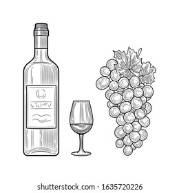 Wine set. A bottle, a glass, a bunch of grapes. Vintage illustration isolated on white background. For the poster labels the web.
