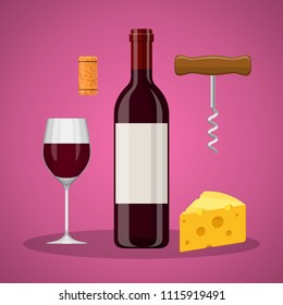 Wine set: bottle of wine, glass of wine, cheese, cork and corkscrew. Colored flat design icons. Vector illustration