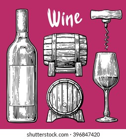 Wine set. Bottle, glass, corkscrew, barrel. Black vintage engraved vector illustration isolated on pink background. For label, poster, web.
