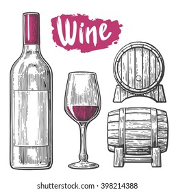 Wine set. Bottle, glass, corkscrew, barrel. Black vintage engraved vector illustration isolated on white background. For label poster, web.