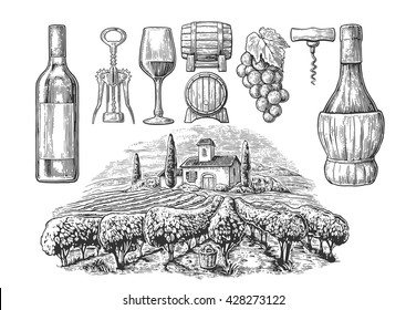 Wine Set. Bottle, Glass, Corkscrew, Barrel, Vineyard. Black Vintage Engraved Vector Illustration Isolated On White Background. For Label Poster, Web.