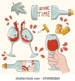 Wine set, bottle and glasses of wine. isolated vector illustration.