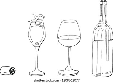 Wine set. Wine in a bottle, in two types of glasses and a wine cork. Vector in black and white.
