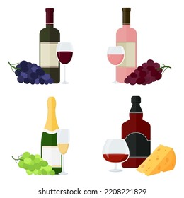 Botellas de vino, champán, brandy, whisky, coñac, gafas, uvas y queso. Ilustración del vector fondo blanco aislado. Estilo plano.