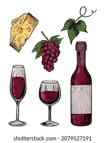 Wine set with cheese and grape bunch, color vector illustration