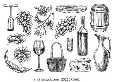 Vinho. Um conjunto de clip-art representando vinho, garrafa, vidro, queijo e uvas. Um barril, uma jarra, um saca-rolhas e uma rolha. Uma ilustração gráfica vetorial desenhada à mão. Isole em um fundo branco.