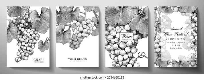 Wine set (collection). Grape bunch (vine) with leaves on background. Black and white vintage vector illustration for wine products, catalog or label design template, wine list, restaurant - Shutterstock ID 2034660113