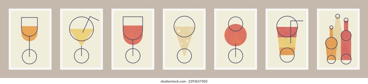 Juego de vinos (colección). Ilustración vectorial vintage para productos vinícolas, catálogo, plantilla de diseño de etiquetas, carta de vinos, menú restaurante. Afiche minimalista moderno, papel pintado de boho, arte de diseño plano.

