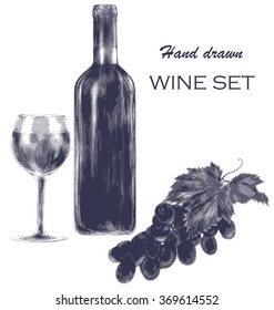 Wine set: glass, bottle, grape, grapevine branch. Hand drawn vector illustration. Realistic sketch.