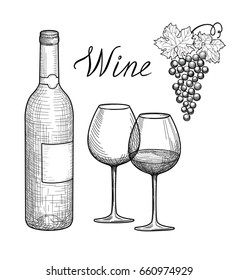 Wine set. Wine glass, bottle, grape branch, handwritten lettering. Vineyard sketch style collection