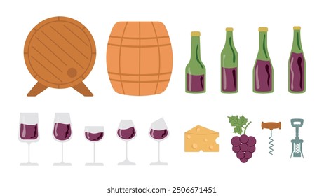 Wine set. Grapes, wine bottles and glasses, cheese, wooden barrels. Vector illustration. Hand drawn for poster, restaurant menu.