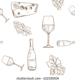 Wine set. Grapes, cheese and wine bottle. Outline hand drawn sketch. Seamless pattern. Vector illustration