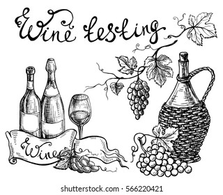 Wine set in graphic style hand-drawn vector illustration
