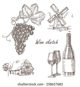 Wine set. Hand drawn bottle of wine, glass, bunch of grapes, windmill and old house. Vector illustration in sketch style