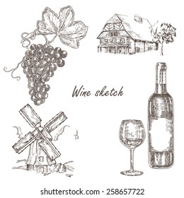Wine set. Hand drawn bottle of wine, glass, bunch of grapes, windmill and old house. Vector illustration in sketch style