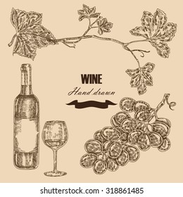 Wine set. Hand drawn bottle of wine, glass, bunch of grapes. Vector illustration in sketch style