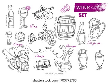  Wine set. Hand drawn element collection with Bottle, glass, barrel, grapes, vine, wine cork,  sangria, cheese,  and Text. Vector illustration.