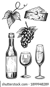 Wine set, hand drawn monochrome vector