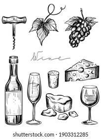 Juego de vinos, vector monocromo dibujado a mano