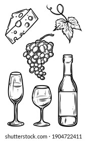 Wine set, hand drawn monochrome vector