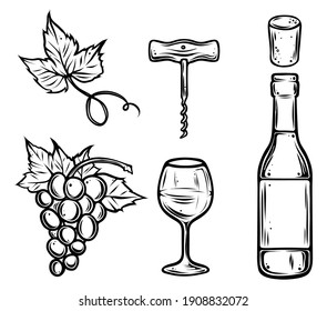 Wine set, hand drawn, monochrome vector