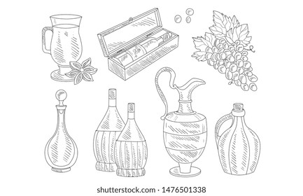 Wine Set, Hand Drawn Wine Objects, Various Bottles, Wineglass, Grapes Vector Illustration