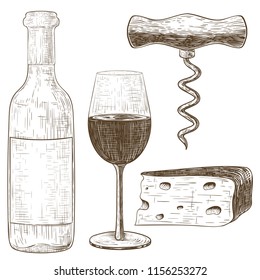 Wine set. Hand drawn sketch. Vintage style. Vector illustration isolated on white background