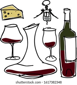 Wine set hand drawn style  includes a wine bottle, decanter, corkscrew, glasses, cheese