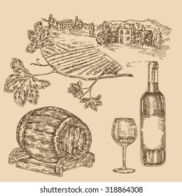 Wine set. Hand drawn vineyard, bottle of wine, glass, bunch of grapes. Vector illustration in sketch style