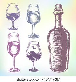 Wine set. Hand-drawn wine vector. Grape wine or beverage alcohol drink set. Ink drawn grape wine illustration with wine, wine bottle, wine glass, wine container, wine tumbler and wine goblet.