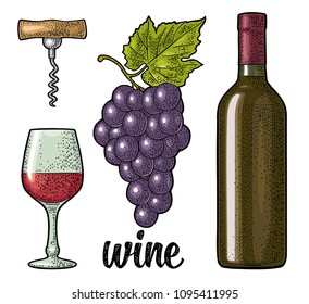 Wine set with handwriting lettering. Bottle, glass, corkscrew, bunch of grapes with berry and leaf. Vintage color engraving vector illustration isolated on white background. For label poster, web.