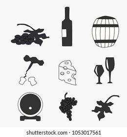 wine set icon alcohol bottle glass cheese grape leaf 