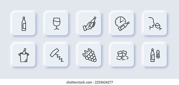 Wine set icon. Bottle, glass, champagne, grapes, clock, aging, corkscrew, thermometer, temperature, storage conditions, tasting, sommelier. Restaurant concept. Neomorphism style. Vector line icon