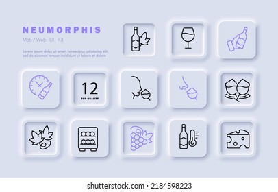 Wine set icon. Bottle, grapes, glass, hand, aging, time, clock, taste, smell, cellar, storage conditions, temperature, cheese. Restaurant concept. Neomorphism style. Vector line icon for Advertising.