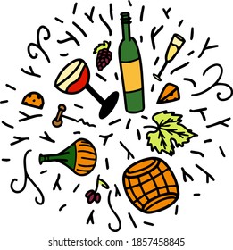 Wine set illustration in doodle style. Hand drawn sketch wine icons isolated on white background