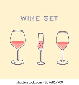 Wine set. Illustration isolated. Flat design style with color fill. Red wine, white wine, sparkling wine, champagne