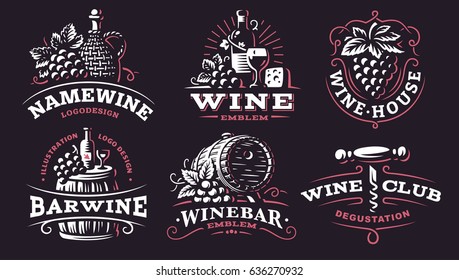 Wine set logo - vector illustrations, emblems design on dark background.