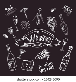 Wine Set On Chalk Board Vector Illustration