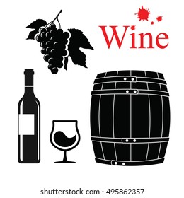 Wine set. Wine products in simple style. Vector illustration with wine barrel, wine glass, grapes, grape twig. Classical alcoholic drink.