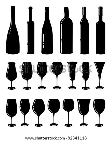 Wine set. Six wine bottles and glasses for wine.