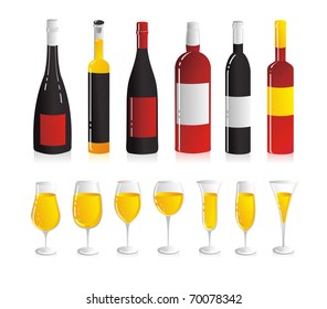 Wine set. Six wine bottles and seven glasses for white wine.