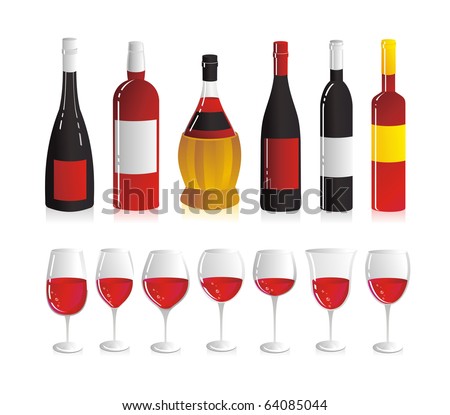 Wine set. Six wine bottles and seven glasses for red wine.