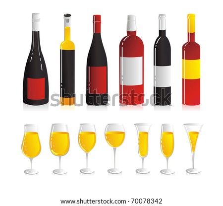 Wine set. Six wine bottles and seven glasses for white wine.
