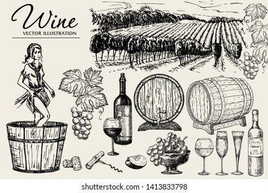 Wine set sketch. Vector hand drawn elements including wine glass, bottle, grape, vineyard landscape, barrel with wine. Young woman crushing grapes with legs for wine making. 