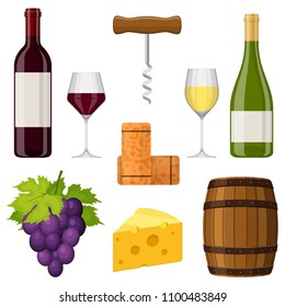 Wine set vector design elements on white background. Wine bottle, wine glass, cheese, corkscrew, cork, grape and barrel. Winemaking in flat style. Vector illustration