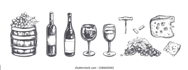 Wine set. Vector hand drawn elements including wine glass, bottle, grape, vineyard landscape, cheese, barrel with wine. Sketch style