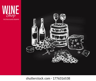 Wine set. Vector hand drawn elements including wine glass, bottle, grape, vineyard landscape, cheese, barrel with wine. Sketch style