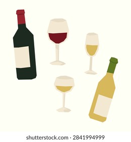 Wine set vector illustration with red and white wine bottles and full glasses. Geometric low poly flat icons isolated on white background for restaurant menu, bar, tasting, and winery design.