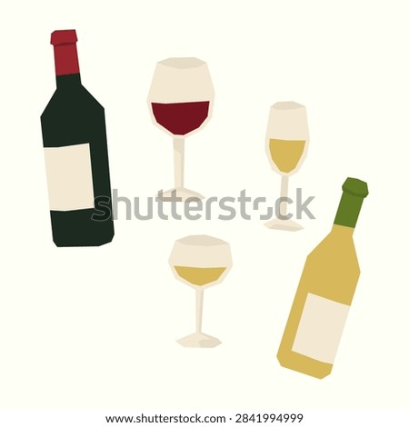 Wine set vector illustration with red and white wine bottles and full glasses. Geometric low poly flat icons isolated on white background for restaurant menu, bar, tasting, and winery design.